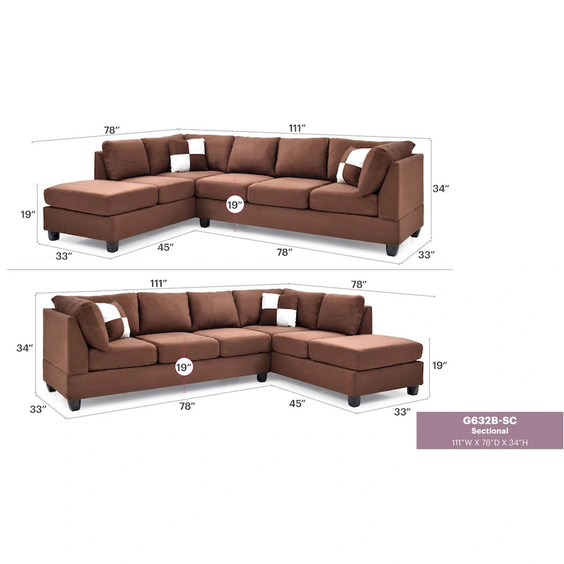 Malone 111 Zoll Wildleder 4-Sitzer Ecksofa mit 2 Zierkissen - 111L x 78B x 34H