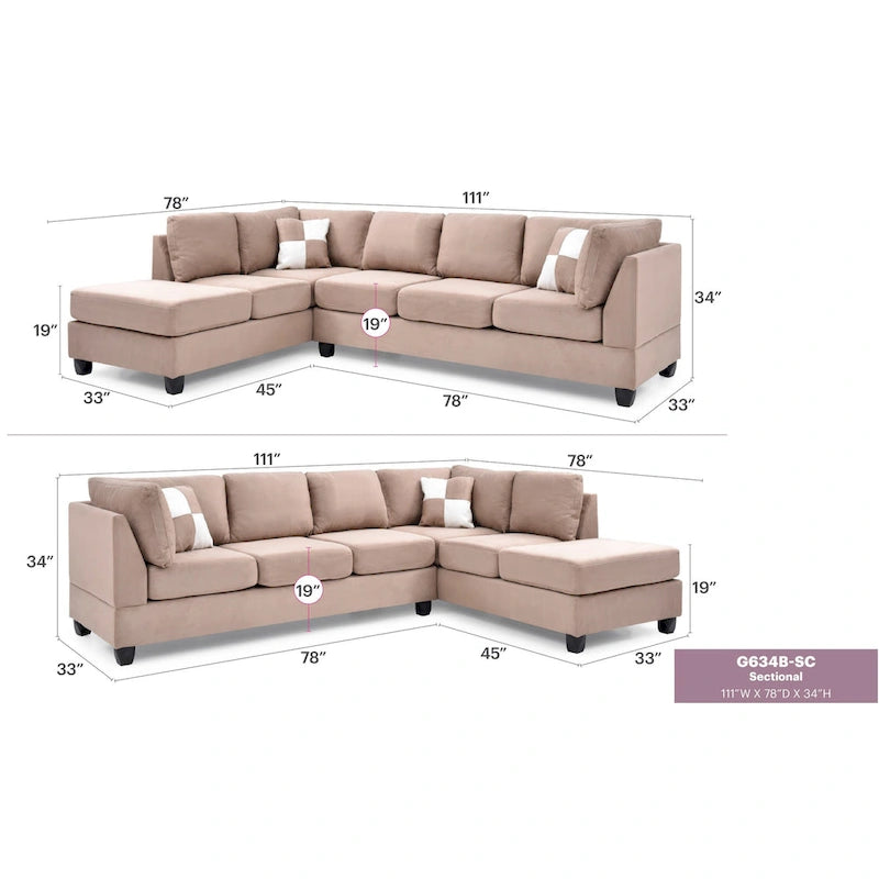 Malone 111 Zoll Wildleder 4-Sitzer Ecksofa mit 2 Zierkissen - 111L x 78B x 34H