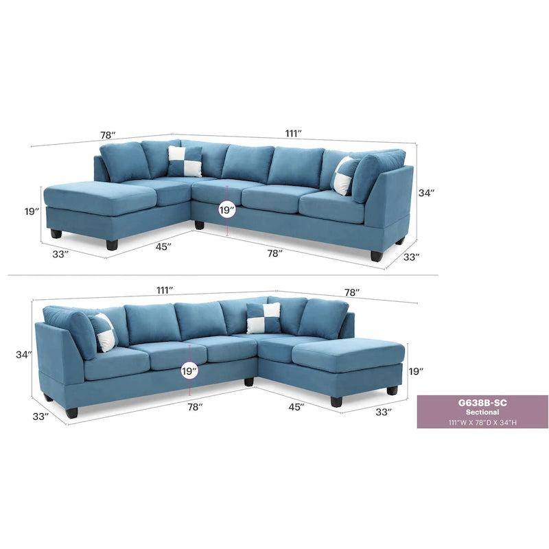 Malone 111 Zoll Wildleder 4-Sitzer Ecksofa mit 2 Zierkissen - 111L x 78B x 34H