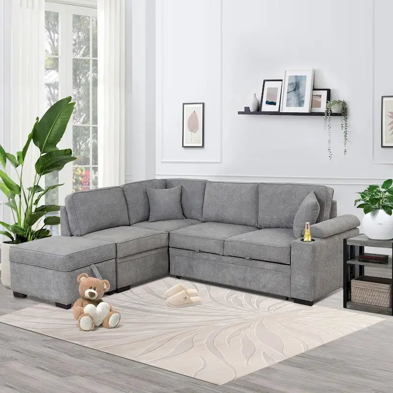 Nestfair 2-in-1 Ausziehbares Schlafsofa L-förmige Couch mit Aufbewahrungshocker
