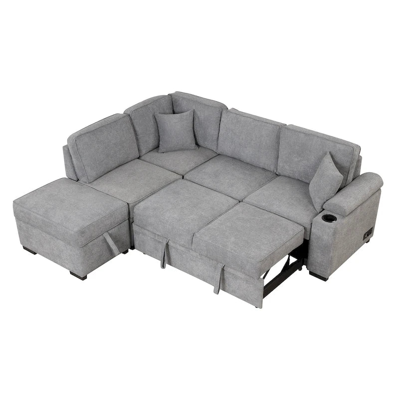 Nestfair 2-in-1 Ausziehbares Schlafsofa L-förmige Couch mit Aufbewahrungshocker