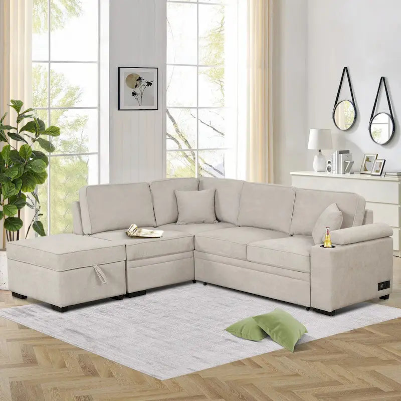 Nestfair 2-in-1 Ausziehbares Schlafsofa L-förmige Couch mit Aufbewahrungshocker