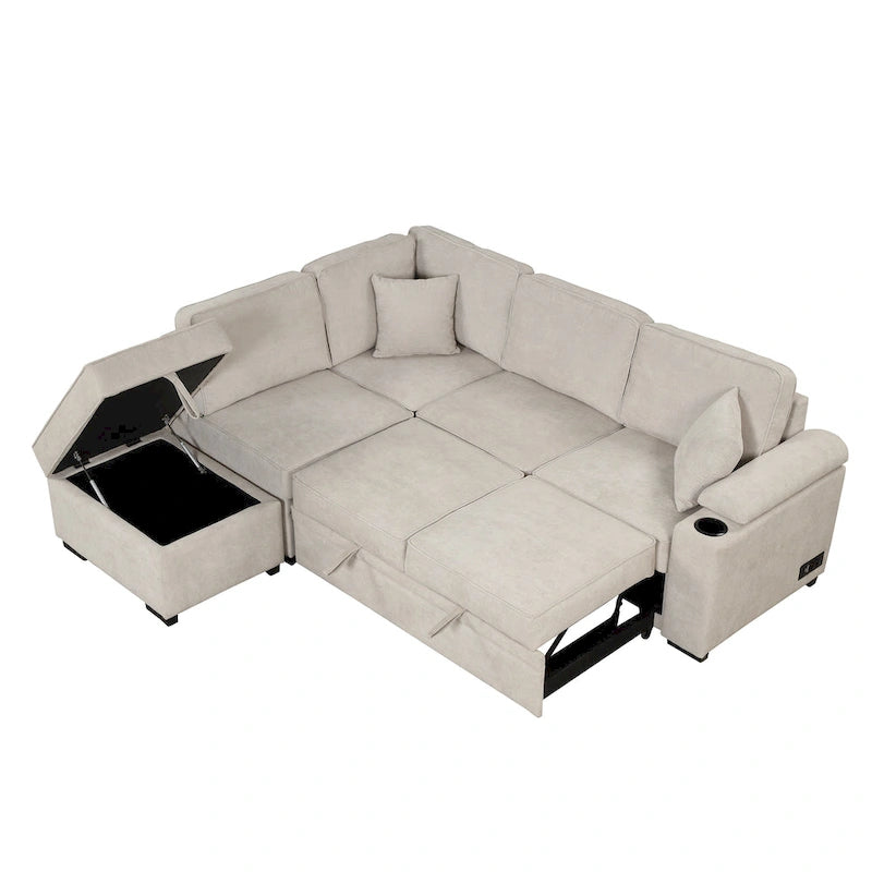 Nestfair 2-in-1 Ausziehbares Schlafsofa L-förmige Couch mit Aufbewahrungshocker