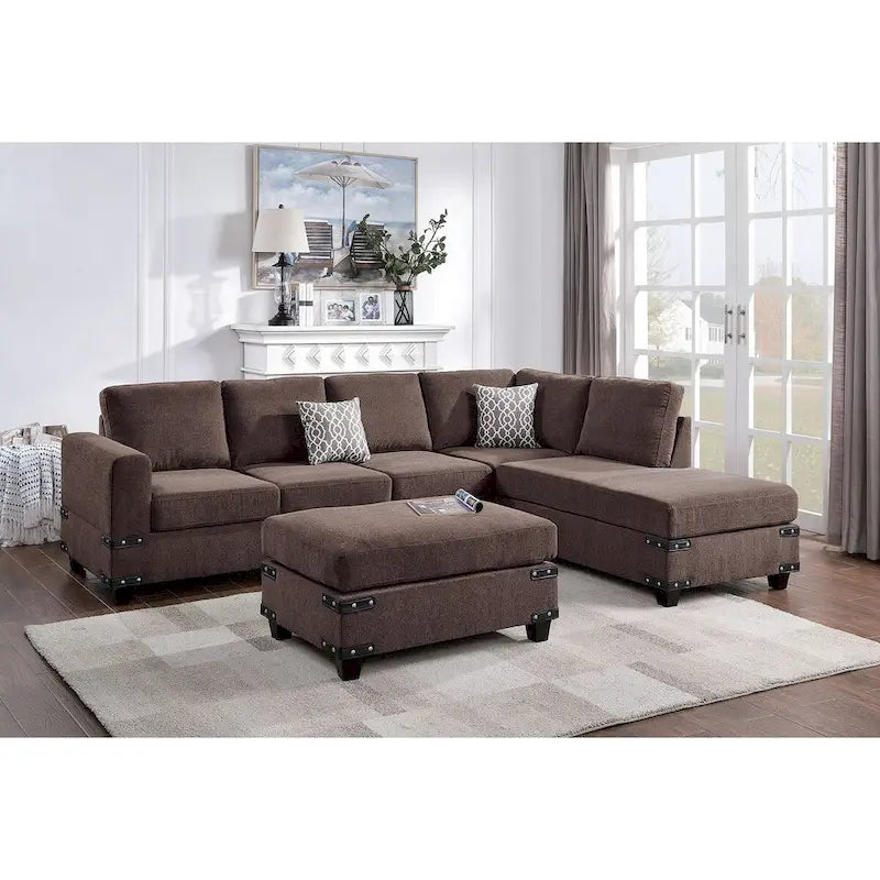 Poundex 3-teiliges Stoff-Ecksofa-Set mit Ottomane