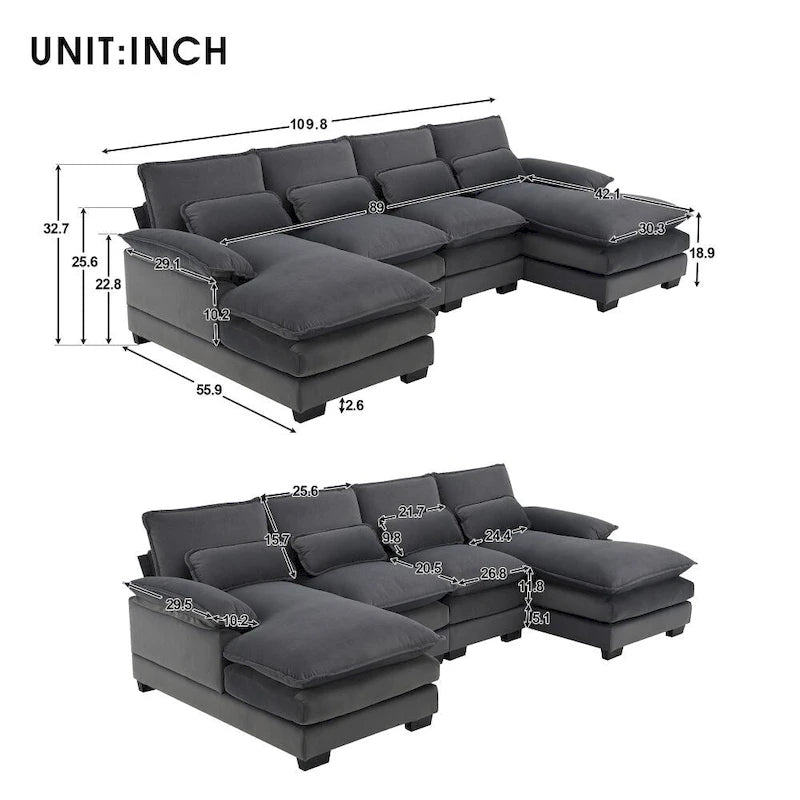 Modernes U-förmiges Sektionalsofa mit TaillenkissenSchlafsofa mit Chaiselongue
