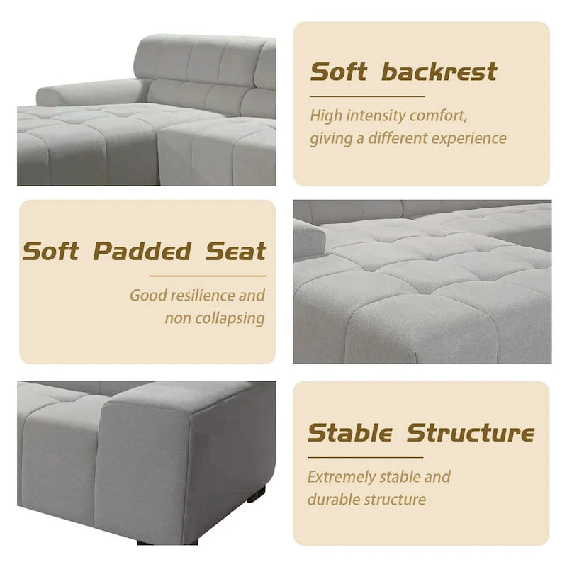 Williamspace Modern Glam Großes Polstersofa Ecksofa L-Form mit Chaiselongue Wohnzimmer