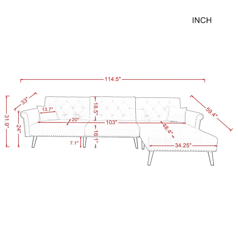 Aukfa Samt-Schlafsofa mit Ottomane – 114,5 B