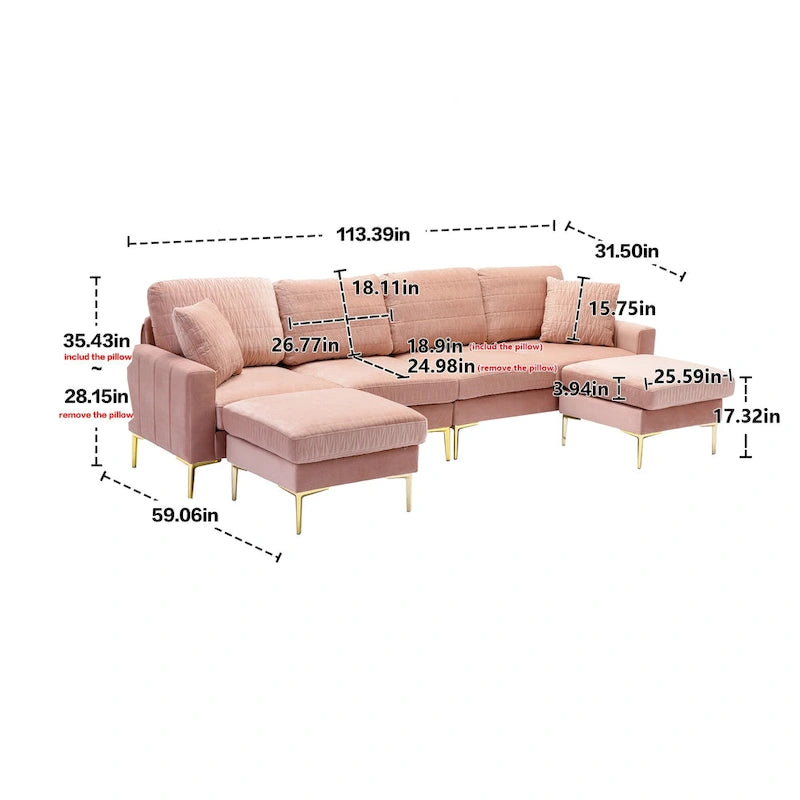 Samt U-förmiges modulares, abnehmbares Sektionssofa