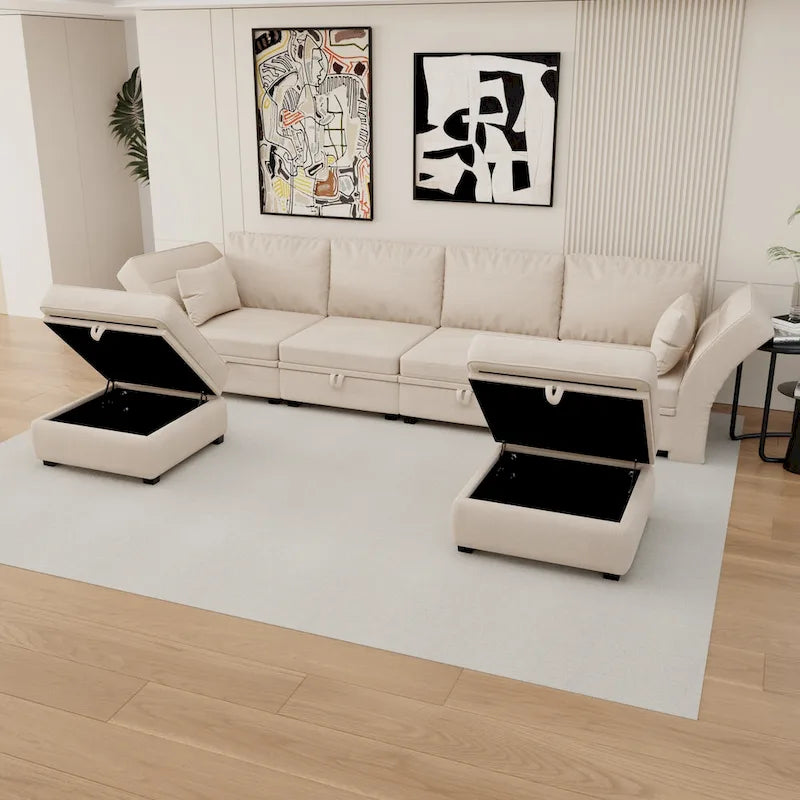 Modulares U-förmiges verstellbares Ecksofa mit umkehrbaren Recamièren und Stausitzen