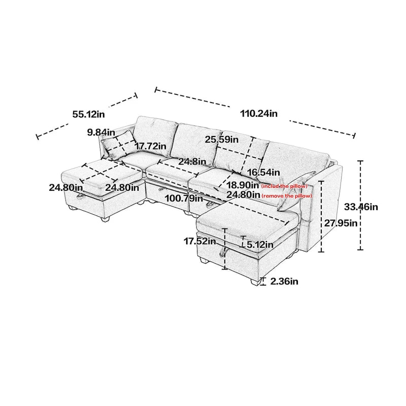 Modulares U-förmiges verstellbares Ecksofa mit umkehrbaren Recamièren und Stausitzen