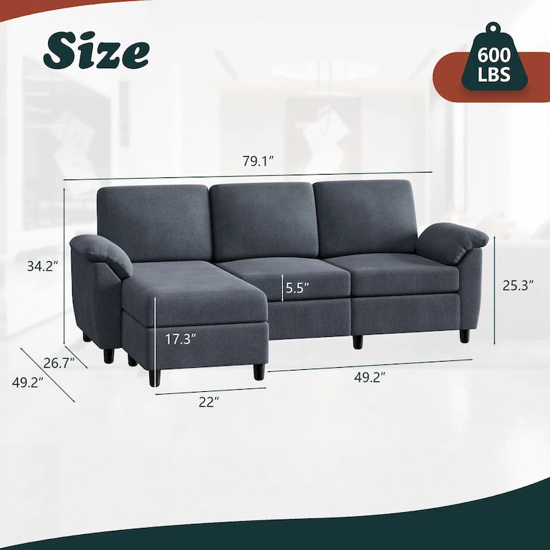 Futzca Sektionssofa, 3-Sitzer L-förmiges Sofa mit abnehmbaren Kissen