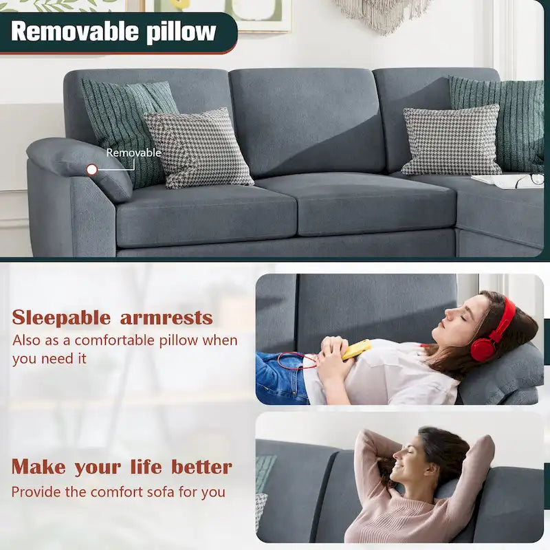 Futzca Sektionssofa, 3-Sitzer L-förmiges Sofa mit abnehmbaren Kissen