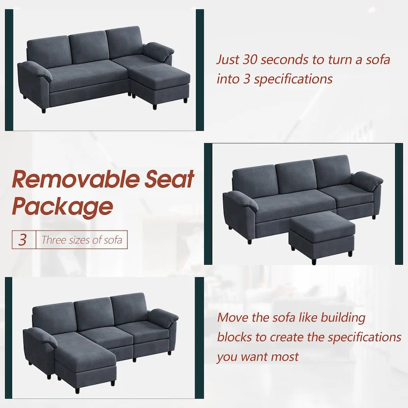 Futzca Sektionssofa, 3-Sitzer L-förmiges Sofa mit abnehmbaren Kissen
