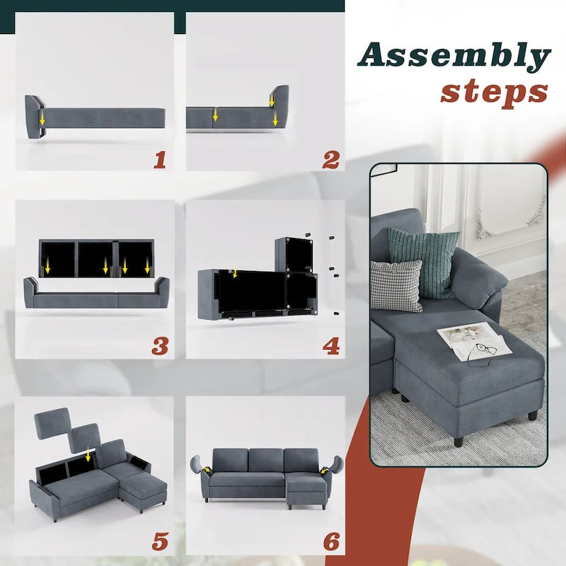 Futzca Sektionssofa, 3-Sitzer L-förmiges Sofa mit abnehmbaren Kissen