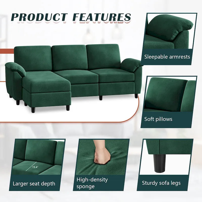 Futzca Sektionssofa, 3-Sitzer L-förmiges Sofa mit abnehmbaren Kissen