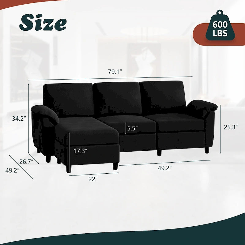Futzca Sektionssofa, 3-Sitzer L-förmiges Sofa mit abnehmbaren Kissen