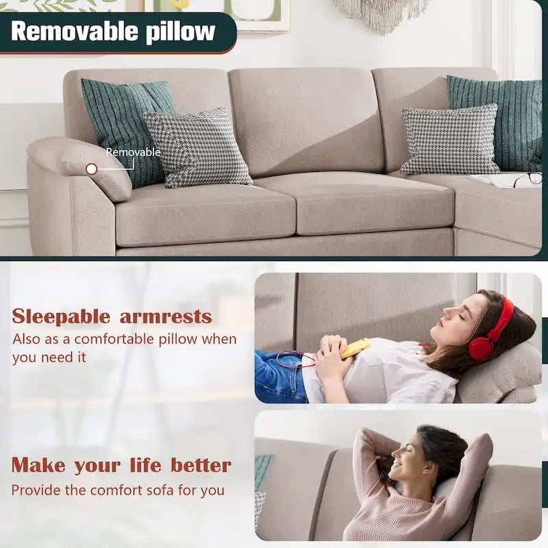 Futzca Sektionssofa, 3-Sitzer L-förmiges Sofa mit abnehmbaren Kissen