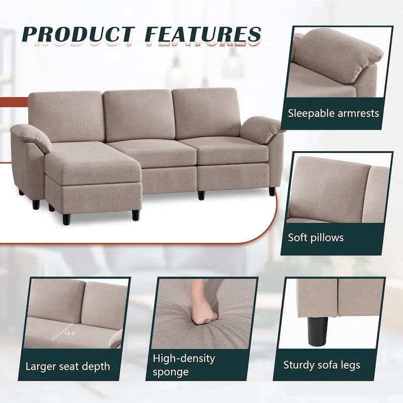 Futzca Sektionssofa, 3-Sitzer L-förmiges Sofa mit abnehmbaren Kissen