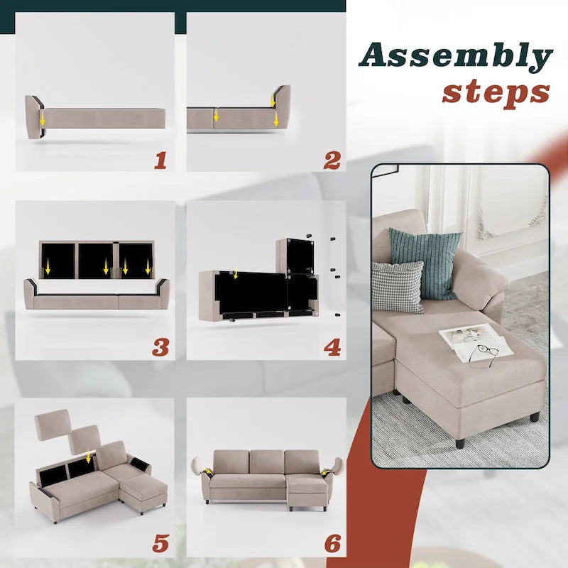 Futzca Sektionssofa, 3-Sitzer L-förmiges Sofa mit abnehmbaren Kissen