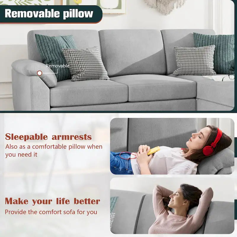 Futzca Sektionssofa, 3-Sitzer L-förmiges Sofa mit abnehmbaren Kissen
