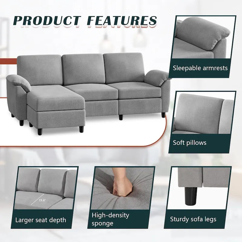 Futzca Sektionssofa, 3-Sitzer L-förmiges Sofa mit abnehmbaren Kissen