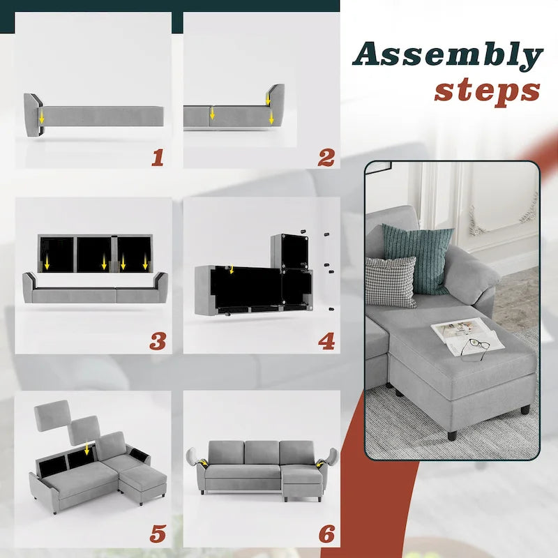 Futzca Sektionssofa, 3-Sitzer L-förmiges Sofa mit abnehmbaren Kissen