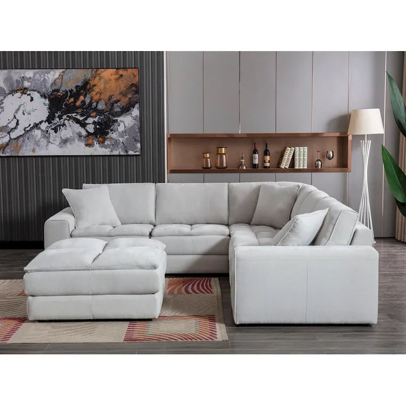 Roundhill Furniture Breton Modernes Modulsofa aus Stoff mit Knopfheftung und Ottoman, Oyster