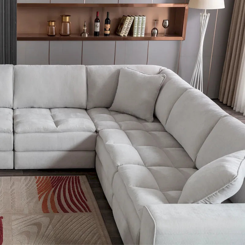 Roundhill Furniture Breton Modernes Modulsofa aus Stoff mit Knopfheftung und Ottoman, Oyster