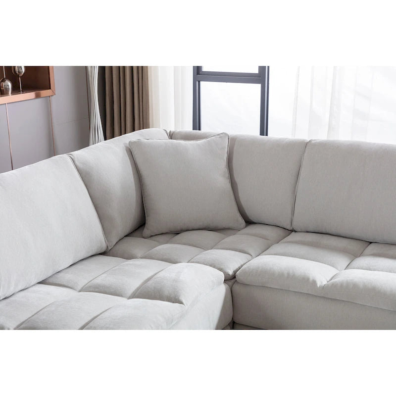 Roundhill Furniture Breton Modernes Modulsofa aus Stoff mit Knopfheftung und Ottoman, Oyster