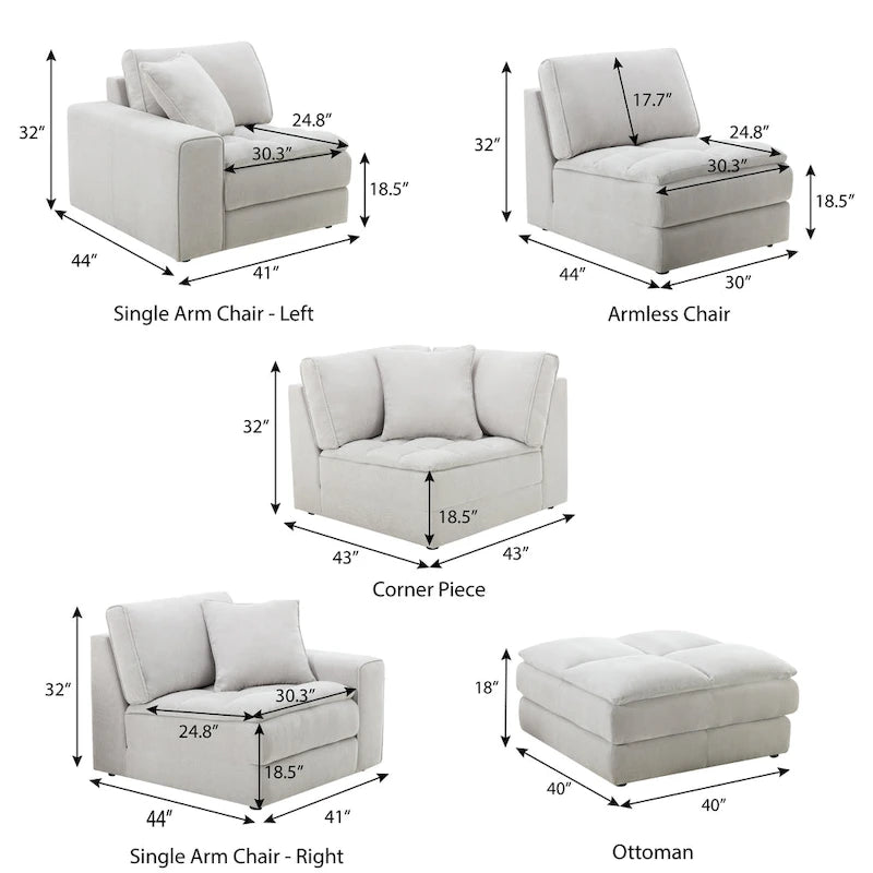 Roundhill Furniture Breton Modernes Modulsofa aus Stoff mit Knopfheftung und Ottoman, Oyster
