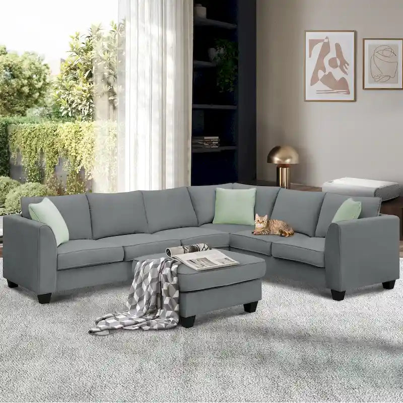 112*87 Ecksofa Sofas Wohnzimmer-Sets 7-Sitzer Modulares Ecksofa mit 3 Kissen, Grau