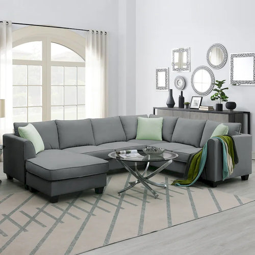 112*87 Ecksofa Sofas Wohnzimmer-Sets 7-Sitzer Modulares Ecksofa mit 3 Kissen, Grau
