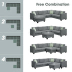 112*87 Ecksofa Sofas Wohnzimmer-Sets 7-Sitzer Modulares Ecksofa mit 3 Kissen, Grau