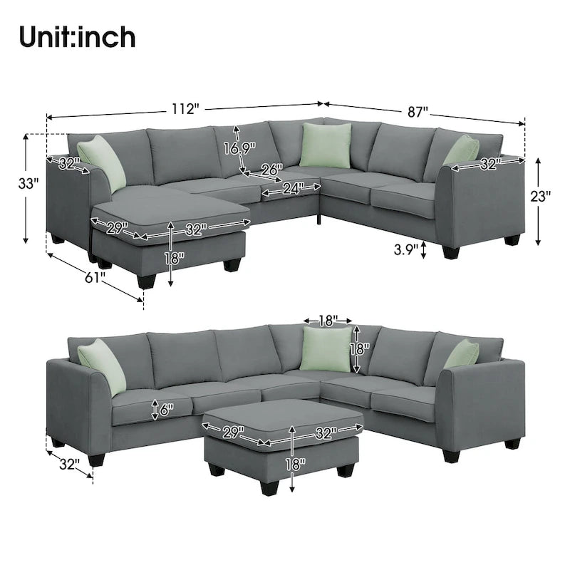 112*87 Ecksofa Sofas Wohnzimmer-Sets 7-Sitzer Modulares Ecksofa mit 3 Kissen, Grau