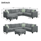 112*87 Ecksofa Sofas Wohnzimmer-Sets 7-Sitzer Modulares Ecksofa mit 3 Kissen, Grau
