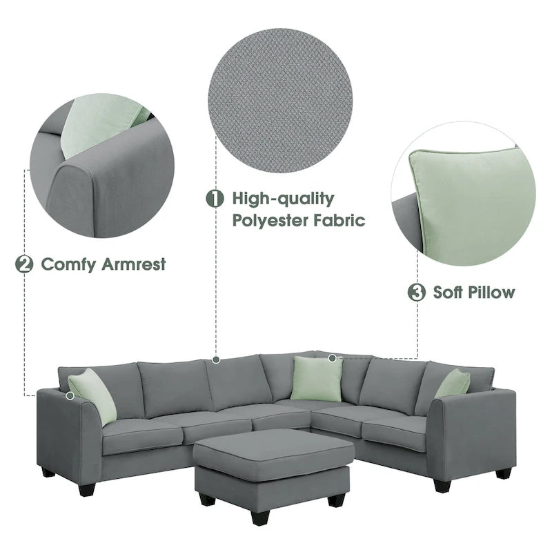 112*87 Ecksofa Sofas Wohnzimmer-Sets 7-Sitzer Modulares Ecksofa mit 3 Kissen, Grau