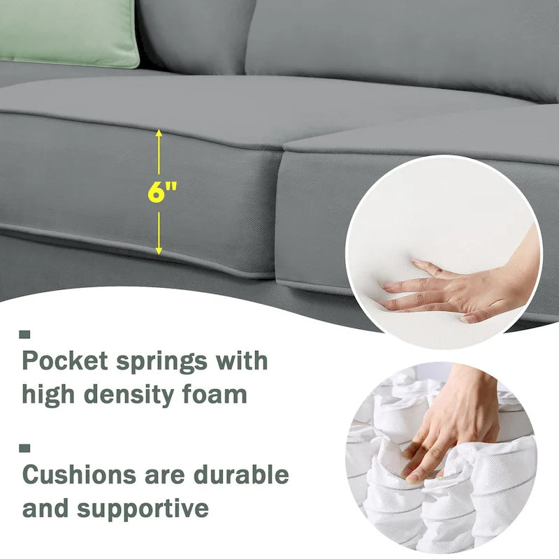 112*87 Ecksofa Sofas Wohnzimmer-Sets 7-Sitzer Modulares Ecksofa mit 3 Kissen, Grau