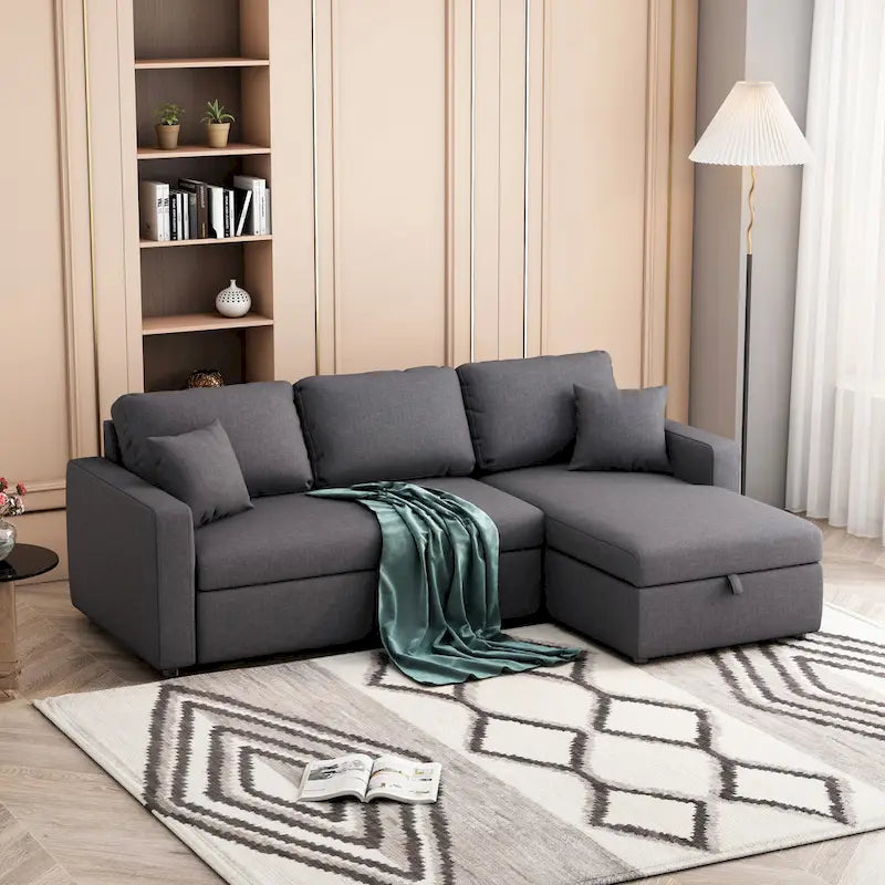 Polster Schlafsofa Ecksofa Grau mit Stauraum, 2 Wurfkissen