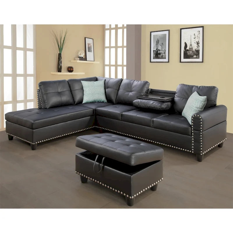 Schnittsofa aus Kunstleder mit Ottomane und 2 Kissen