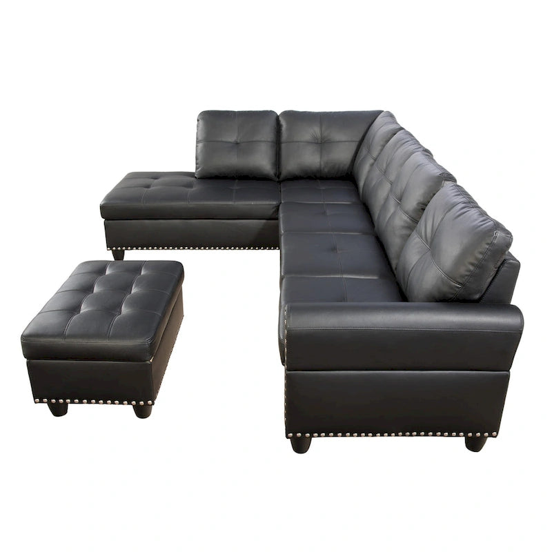 Schnittsofa aus Kunstleder mit Ottomane und 2 Kissen