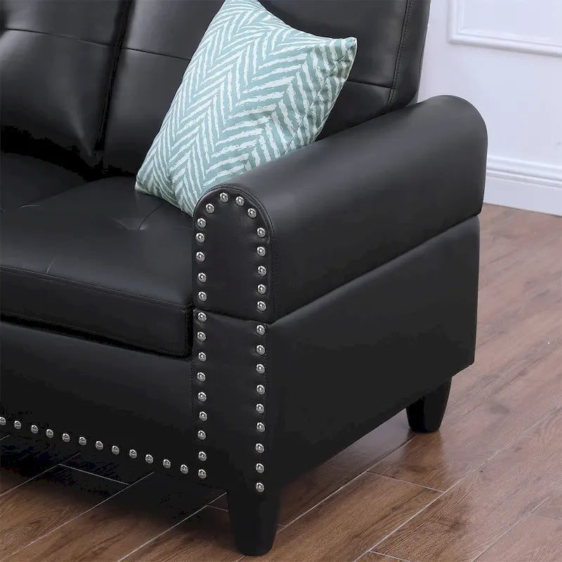 Schnittsofa aus Kunstleder mit Ottomane und 2 Kissen