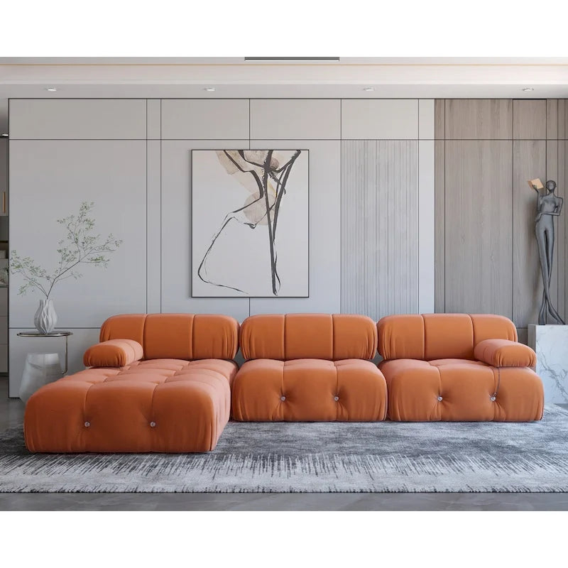 Modernes, großes modulares Sektionssofa mit orangefarbenem Samtbezug