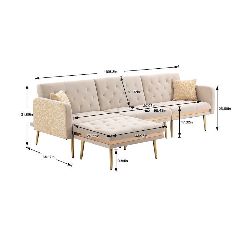 Gepolstertes Tufting-Schlafsofa in L-Form mit Ottoman aus Polyester
