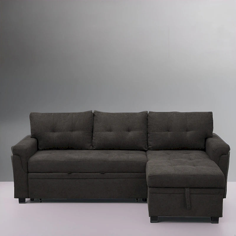 Modernes, umbaubares Schlafsofa in L-Form mit Stauraum-Recamiere, breiter Armlehne und robusten Beinen