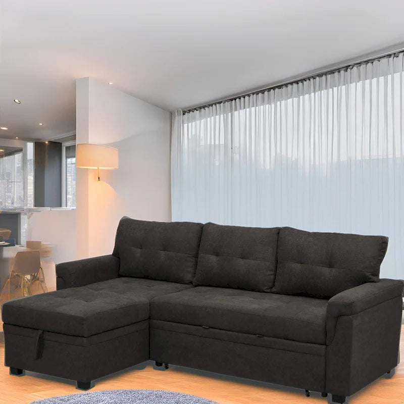 Modernes, umbaubares Schlafsofa in L-Form mit Stauraum-Recamiere, breiter Armlehne und robusten Beinen