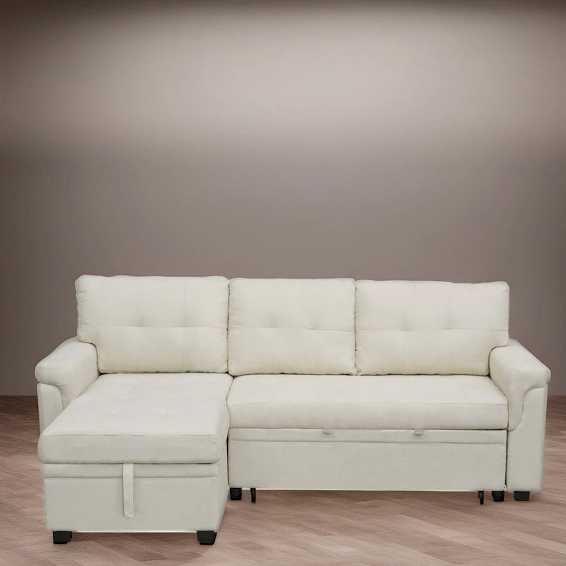 Modernes, umbaubares Schlafsofa in L-Form mit Stauraum-Recamiere, breiter Armlehne und robusten Beinen