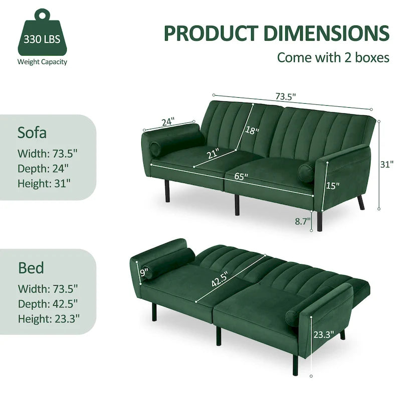 Schlafsofa Samt Schlafsofa Schlafsofa wandelbares Futonsofa mit USB, Schlafsofa für Wohnheim, Apartment, Bonusraum - 2-Personen