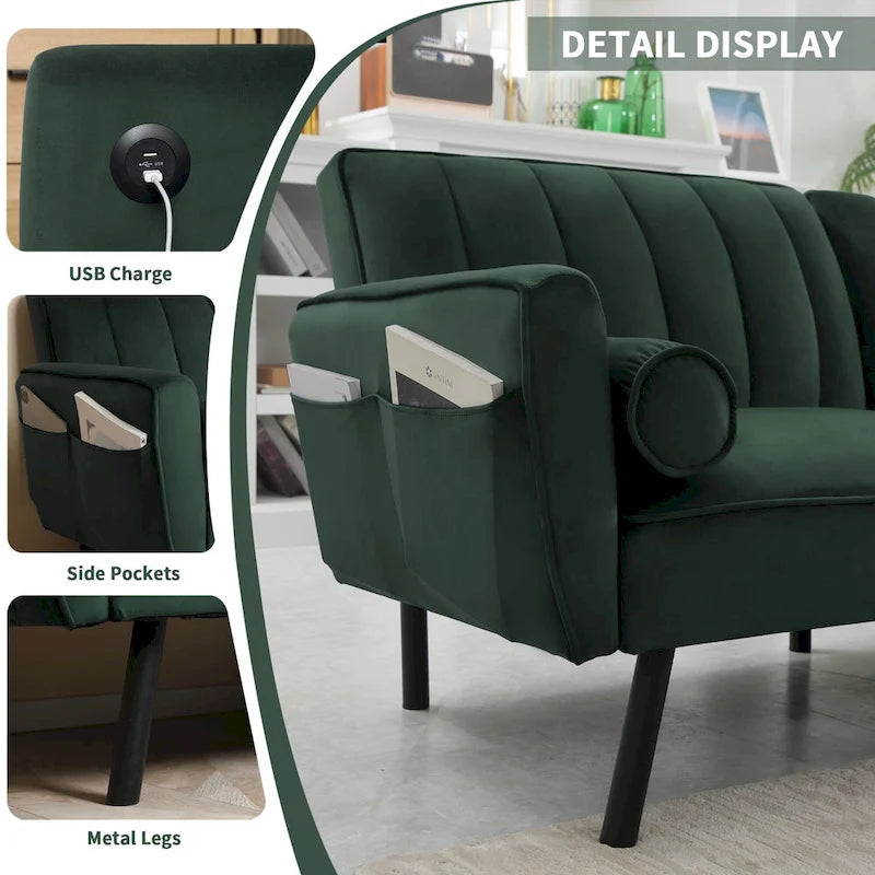 Schlafsofa Samt Schlafsofa Schlafsofa wandelbares Futonsofa mit USB, Schlafsofa für Wohnheim, Apartment, Bonusraum - 2-Personen
