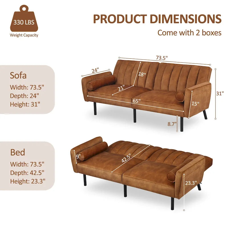 Schlafsofa Samt Schlafsofa Schlafsofa wandelbares Futonsofa mit USB, Schlafsofa für Wohnheim, Apartment, Bonusraum - 2-Personen