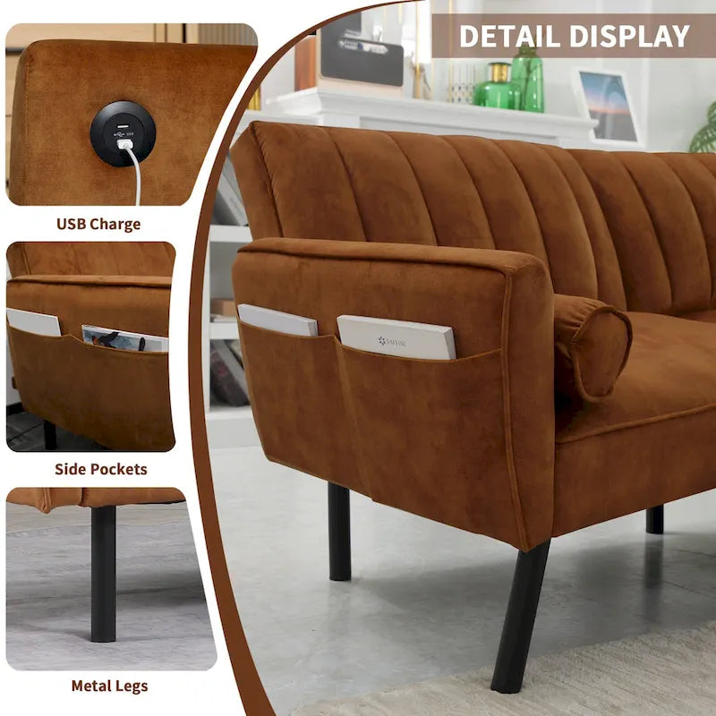 Schlafsofa Samt Schlafsofa Schlafsofa wandelbares Futonsofa mit USB, Schlafsofa für Wohnheim, Apartment, Bonusraum - 2-Personen